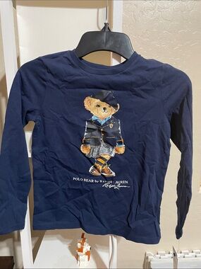 Ralph Lauren Navy Polo Bear Long Sleeve Tee with Bear Graphic